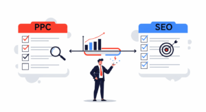 Marketer balancing PPC and SEO keyword lists with growth chart.